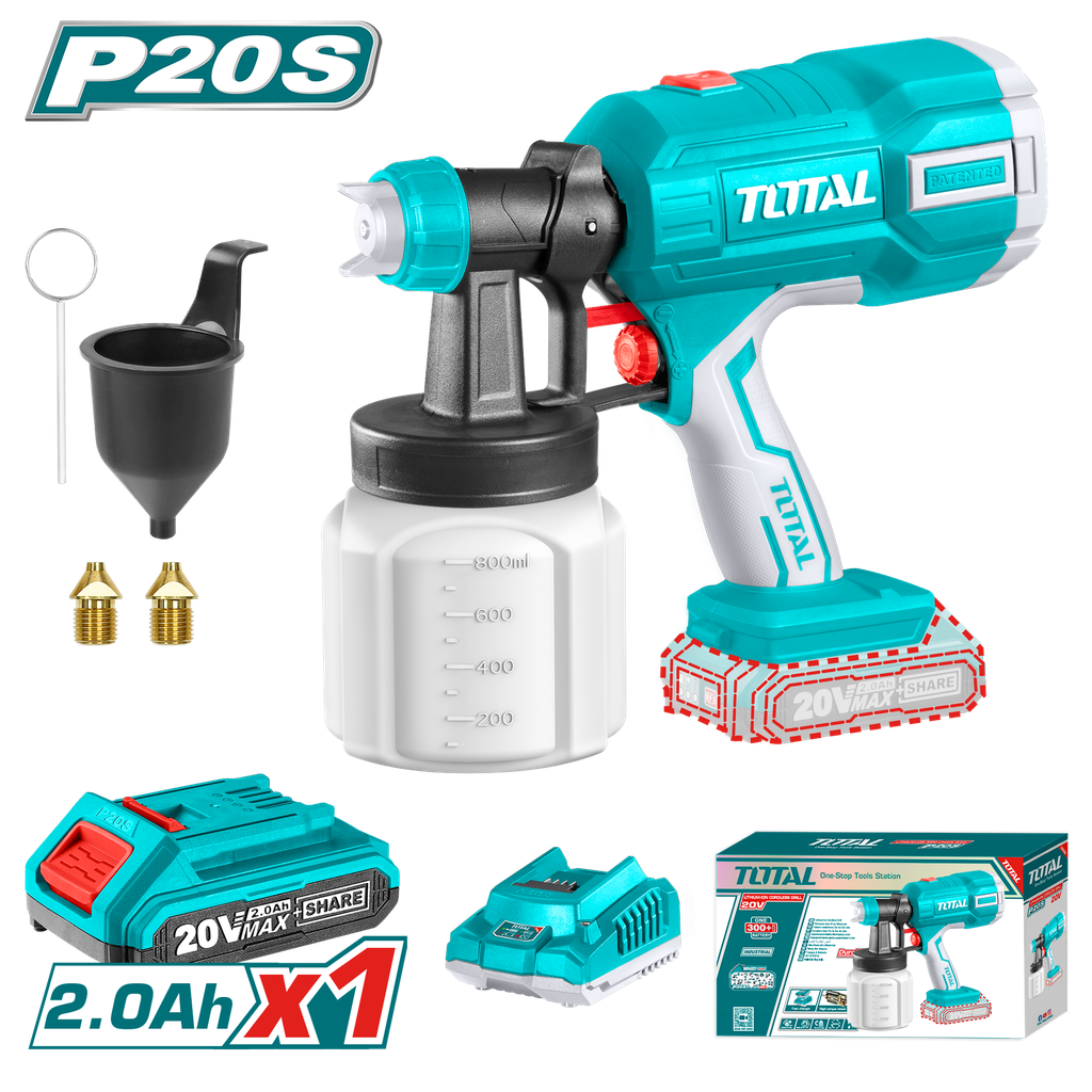 PISTOLA PINTAR INALAMBRICA 800ML 20V INCLUYE BATERIA 20V, CARGADOR, AGUJA DE LIMPIEZA Y DOS BOQUILLAS, TOTAL (UTSGLI20406)
