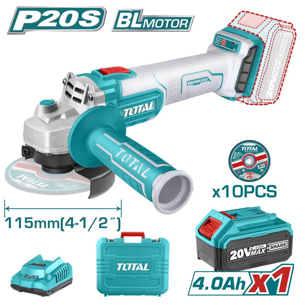 PULIDORA INALAMBRICA 4 1/2 INDUSTRIAL 20V INCLUYE BATERIA 4.0 AH, CARGADOR Y 10 DISCOS, MOTOR SIN ESCOBILLAS TOTAL (UTAGLI2011587)