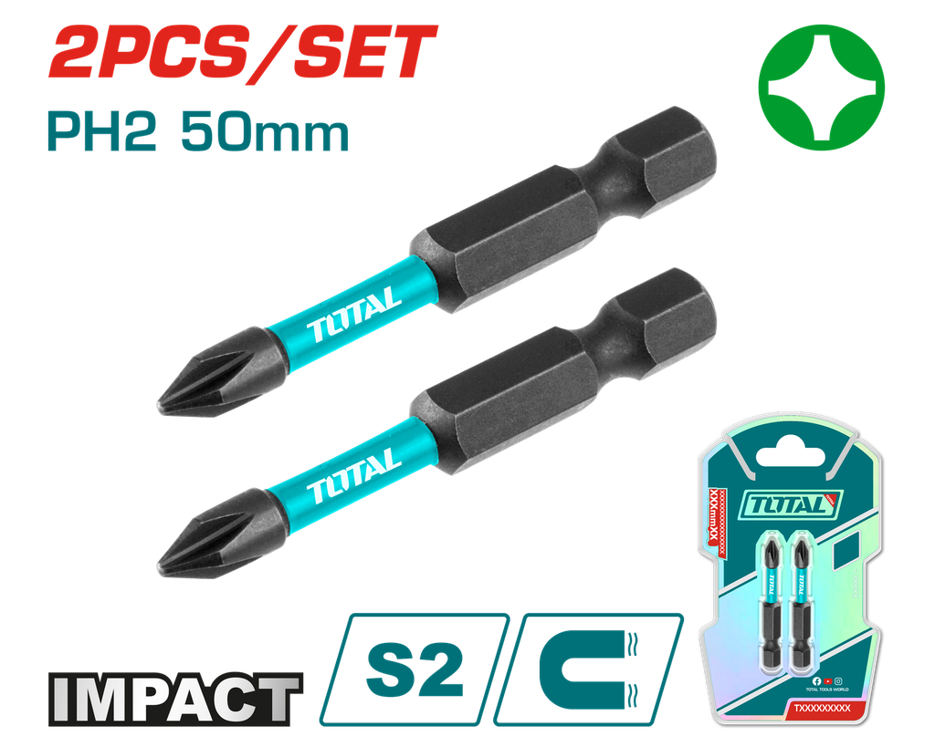 PUNTAS TALADRO INDUSTRIAL DOBLE PUNTA IMANTADA 50MM (+) (+) JUEGO X 2 PZS SUPER TOTAL (TACIM71PH250)