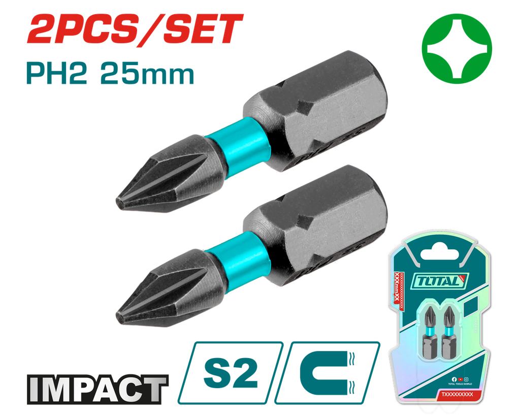 PUNTAS TALADRO INMANTADAS  DE IMPACTO (+) 25MM X 2 PZS INDUSTRIAL TOTAL (TACIM71PH225)