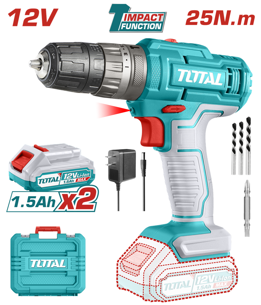 TALADRO DE IMPACTO INALAMBRICO  3/8" 12V INCLUYE 2 BATERIAS, 1 CARGADOR, 3 BROCAS Y  1 PUNTA TALADRO (+)(-) SUPER TOTAL (UTIDLI1228)