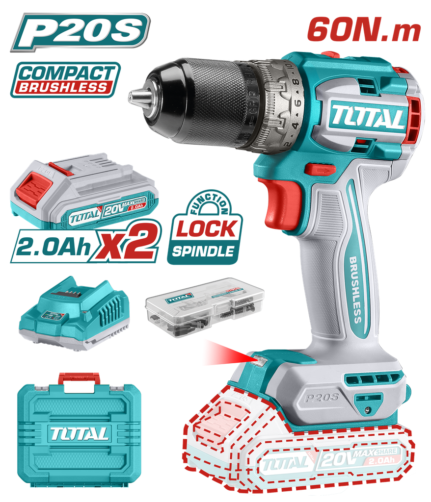 TALADRO DE IMPACTO INALAMBRICO 1/2 20V INCLUYE 2 BATERIA DE 2.0AH, CARGADOR,47 ACCESORIOS,3 BROCAS CONCRETO TOTAL (UTIDLI20602)