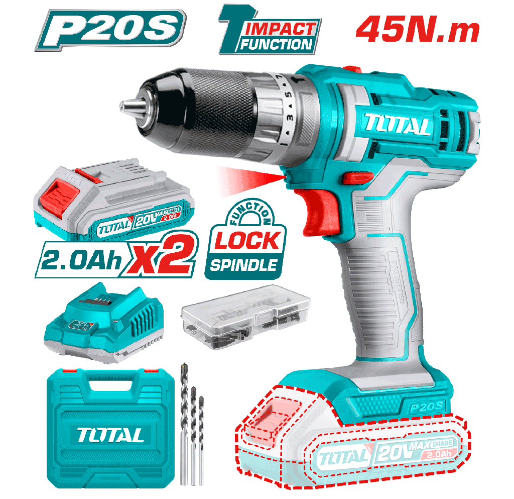TALADRO INALAMBRICO 1/32/3/8" 20V INCLUYE 2 BATERIA 2.0Ah, 1CARGADOR Y 50 ACCESORIOS CAJA PLASTICA INDUSTRIAL TOTAL(UTIDLI201452)