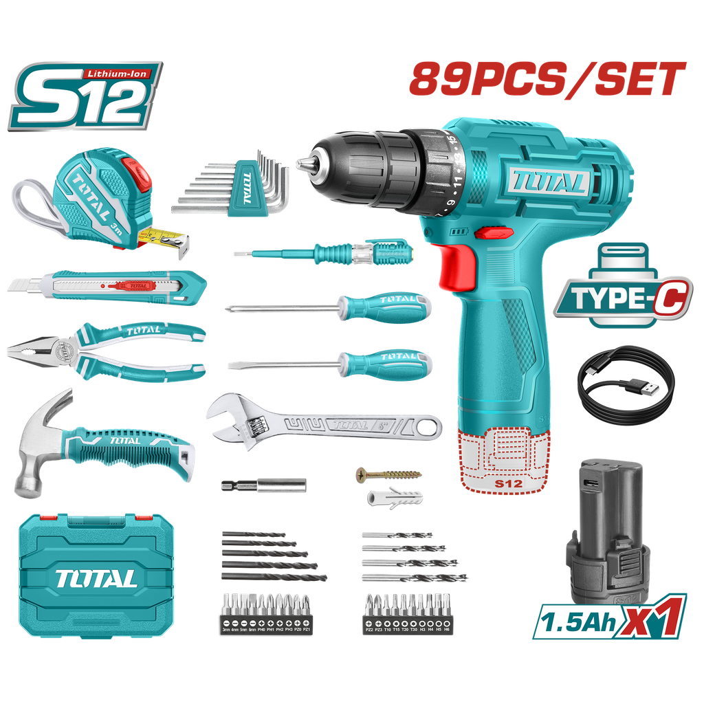 TALADRO INALAMBRICO 12V EN KIT DE HERRAMIENTAS 89 PZS TOTAL (THKTHP10892)