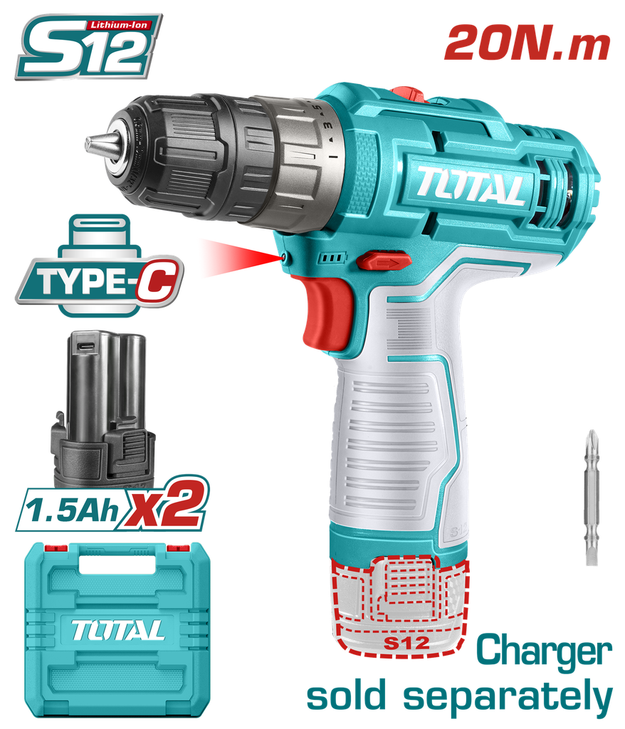 TALADRO INALAMBRICO 3/8 12V INCLUYE DOS BATERIA ION DE LITIO  CARGADOR NO INCLUIDO TOTAL (TDLI12202)