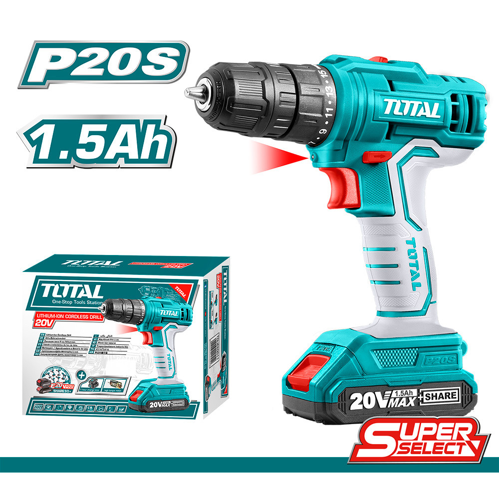 TALADRO INALAMBRICO 3/8 BATERIA ION LITIO 20V TOTAL SUPER SELECT (UTDLI20011)