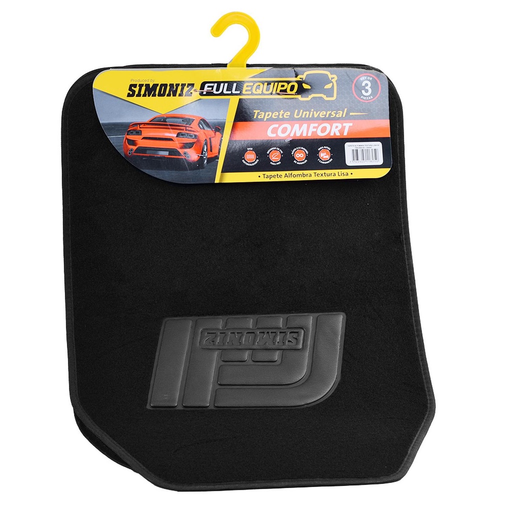 TAPETE AUTO JUEGO 3 PIEZAS GRANDE ALFOMBRA NEGRA LISA SIMONIZ (105447)