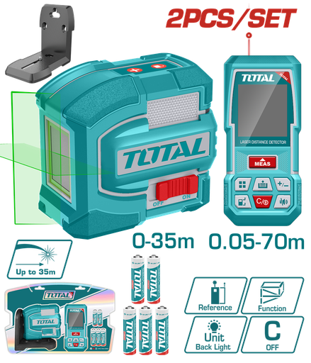 [21412] KIT DE NIVEL LASER 0-35M LUZ VERDE INDUSTRIAL (TLL156601)+MEDIDOR DE DISTANCIAS LASER 60MTS (TMT57026) SUPER TOTAL (TOSLL0401)
