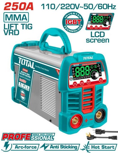 [21584] SOLDADOR INVERSOR DIGITAL 250A (MMA-LIFT TIG-VRD) 110-220V INDUSTRIAL SUPER TOTAL  (UTW225069)