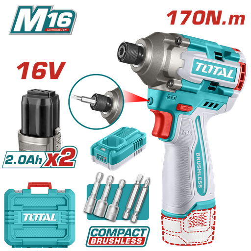 [21499] ATORNILLADOR DE IMPACTO INALAMBRICO  16V 170NM  INCLUYE 2 BATERIAS 2.0AH, CARGADOR,  PUNTA TALADRO Y  COPA  INDUSTRIAL SUPER TOTAL (UTIRLI16178)