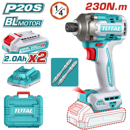 [21473] ATORNILLADOR DE IMPACTO INALAMBRICO 1/4 20V 230NM  INCLUYE 2 BATERIAS, 2 PUNTA TALADRO INDUSTRIA  SUPER TOTAL (UTIRLI2023)