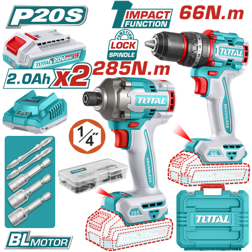 [21523] COMBO INALAMBRICO   TALADRO  1/2" 66 N.M  + ATORNILLADOR DE IMPACTO 1/4" 20V 285 N.M  INCLUYE 2 BATERIA 2.0AH , 1 CARGADOR Y ACCESORIOS  INDUSTRIAL SUPER TOTAL (UTCKLI20277)