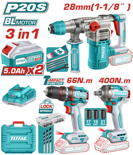 [21520] COMBO INALAMBRICO  20V  TALADRO  ATORNILLADOR 1/2" 66 N.M  + PISTOLA DE IMPACTO 1/2"  400 N.M + TALADRO ROTOMARTILLO SDS PLUS  4.5 JULES  INCLUYE 2 BATERIA 5.0AH , 1 CARGADOR Y ACCESORIOS  INDUSTRIAL  SUPER TOTAL (UTCKLI20638)