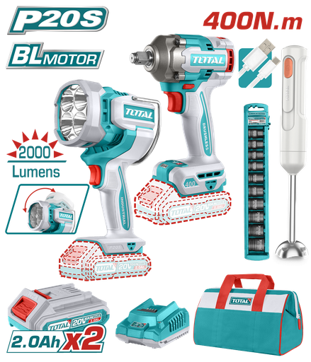[21511] COMBO INALAMBRICO 20V PISTOLA IMPACTO INALAMBRICA 1/2 400NM + LAMPARA DE TRABAJO INALAMBRICA 2000 LUMENES + BATIDORA RECARGABLE  INCLUYE 2 BATERIAS 2.0 AH, CARGADOR Y COPAS INDUSTRIAL SUPER TOTAL ( UTOSLI240961)  