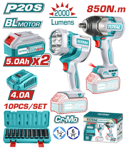 [21512] COMBO INALAMBRICO 20V PISTOLA IMPACTO INALAMBRICA 1/2 850 NM + LAMPARA DE TRABAJO INALAMBRICA 2000 LUMENES +  JUEGO DE COPA ( 10-24MM)  INCLUYE 2 BATERIAS 5.0 AH, CARGADOR Y  SUPER TOTAL ( UTOSLI241181)  