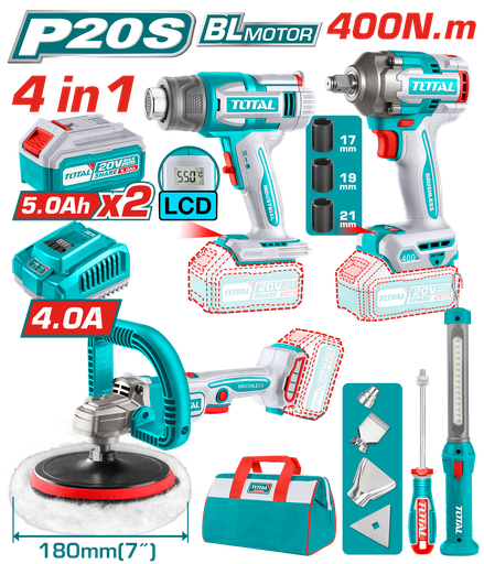 [21519] COMBO INALAMBRICO 20V POLICHADORA  7" + PISTOLA IMPACTO 1/2 400 N.M + PISTOLA DE CALOR + LAMPARA DE TRABAJO  300 LUMENES INCLUYE 2 BATERIAS 5.0AH, 1 CARGADOR  Y  ACCESORIOS INDUSTRIAL SUPER TOTAL (UTOSLI241182)