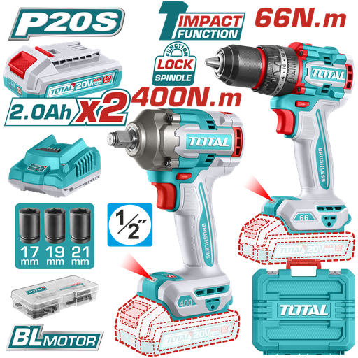 [21466] COMBO INALAMBRICO TALADRO 1/2" 66 N.M + ATORNILLADOR DE IMPACTO 1/2" 20V 400 N.M  INCLUYE 2 BATERIA 2.0AH , 1 CARGADOR Y ACCESORIOS SUPER TOTAL (UTCKLI20275)