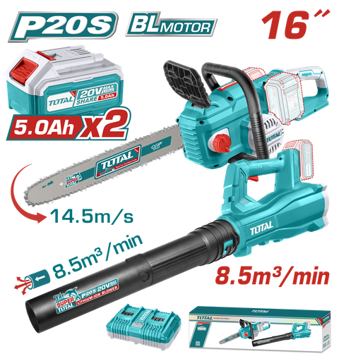 [21488] JUEGO DE MOTOSIERRA Y SOPLADORA INALAMBRICA 20V INCLUYE 2 BATERIAS 5,0 AH  Y CARGADOR DOBLE INDUSTRIAL SUPER  TOTAL (UTOSLI240463)