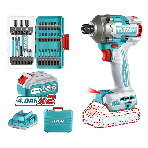 [21513] PISTOLA IMPACTO INALAMBRICA 1/4 20V 285NM  + JUEGO DE PUNTAS X 31 PZS INCLUYE 2 BATERIAS 4.0AH  Y CARGADOR  INDUSTRIAL SUPER TOTAL (UTOSLI240966)