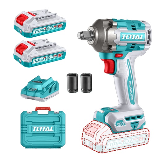 [21425] PISTOLA IMPACTO INALAMBRICO 1/2 20V 350NM INCLUYE 2 BATERIAS 1 CARGADOR Y 2 COPAS ,19,21 MM INDUSTRIAL SUPER TOTAL (UTIWLI2035)