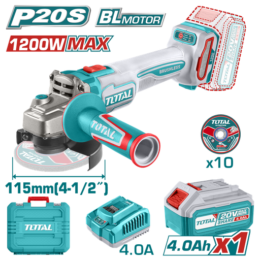 [21398] PULIDORA INALAMBRICA 4 1/2 INDUSTRIAL 20 V 1200W INCLUYE BATERIA 4.0 AH, CARGADOR Y 10 DISCOS, MOTOR SIN ESCOBILLAS INDUSTRIAL SUPER TOTAL (UTAGLI2211531)