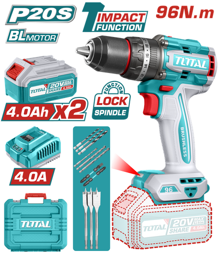 [21904] TALADRO INALAMBRICO PERCUTOR 1/2" 96N.M 20V CAJA PLASTICA INCLUYE 2 BATERIAS 20V (4.0 AH), 1 CARGADOR Y ACCESORIOS INDUSTRIAL SUPER TOTAL (UTIDLI20968)