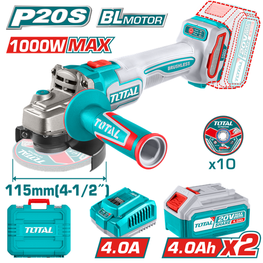 [21966] PULIDORA INALAMBRICA 4 1/2 INDUSTRIAL 20V 1000W INCLUYE 10 DISCOS PARA CORTE DE METAL 2 BATERIAS 4.0AH CARGADOR MOTOR SIN ESCOBILLAS INDUTRIAL SUPER TOTAL (UTAGLI271532)