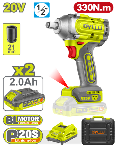[22051] PISTOLA IMPACTO INALAMBRICA 1/2 20V 330NM INCLUYE 2 BATERIAS 2.0AH 1 CARGADOR  DYLLU (UDTCD1B33)