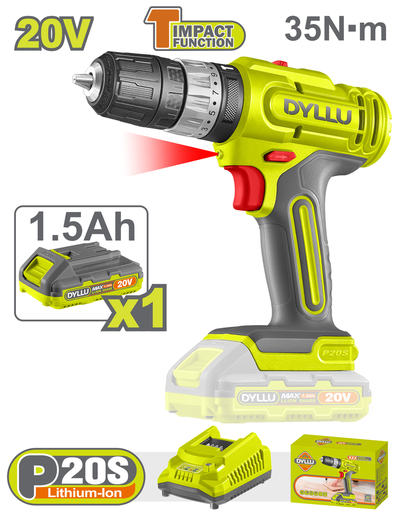 [22050] TALADRO INALAMBRICO 1/32/3/8" 20V 35NM INCLUYE 1 BATERIA 1.5AH, 1CARGADOR DYLLU (UDTCDP521)