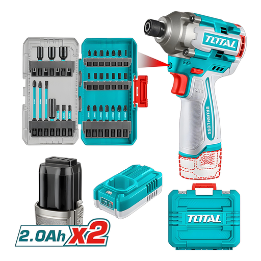 [21944] ATORNILLADOR DE IMPACTO INALAMBRICO 1/4 170NM 16V + 31 ACCESORIOS  INCLUYE 2 BATERIAS (2.0AH)  Y CARGADOR INDUSTRIAL SUPER TOTAL (UTOSLI241083)