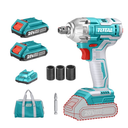[21397] PISTOLA IMPACTO 20V 230 N.M INCLUYE 2 BATERIAS 1 CARGADOR COPAS DE 171921 Y PUNTA DESTORNILLADOR TOTAL(UTIWLI20236)