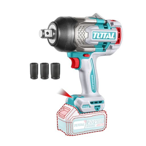 [21939] PISTOLA IMPACTO INALAMBRICA 3/4 20V 1350NM  INCLUYE 3 COPAS 27,30,32 MM, CARGADOR Y BATERIA SE VENDEN POR SEPARADO INDUSTRIAL SUPER TOTAL (TIWLI201351)