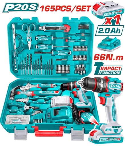[21245] TALADRO INALAMBRICO 1/2 20V 66NM + BATERIA 20V + KIT DE HERRAMIENTAS 165 PZS TOTAL (UTHKTHP11652)