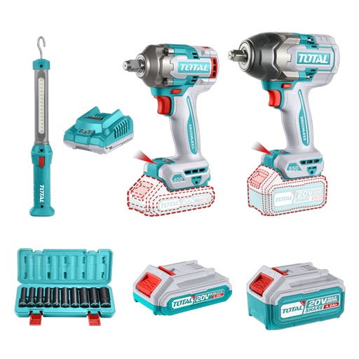 [21957] COMBO INALAMBRICO 20V PISTOLA IMPACTO INALAMBRICO 1/2 850 N.M + PISTOLA IMPACTO INALAMBRICA 1/2 400 N.M + LAMPARA DE TRABAJO 300 LUMENES RECARGABLE + 10 COPAS 1/2 (10-24MM) + 1 BATERIA 4.0 AH + 1 BATERIA 2.0 AH Y CARGADOR INDUSTRIAL SUPER TOTAL (UTOSLI241195)
