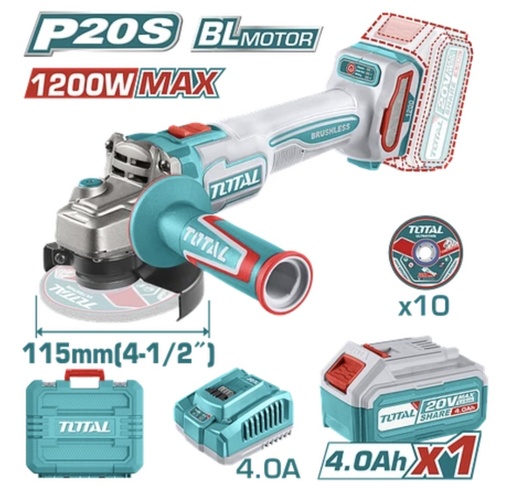 [21427] PULIDORA INALAMBRICA 4 1/2 INDUSTRIAL 20 V 1200W INCLUYE BATERIA 4.0 AH, CARGADOR Y 10 DISCOS, MOTOR SIN ESCOBILLAS INDUSTRIAL SUPER TOTAL (UTAGLI2211531A)