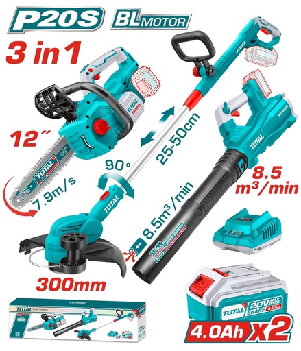 [21958] COMBO INALAMBRICO 20V MOTOSIERRA INALAMBRICA 12" + GUADAÑADORA + SOPLADORA + 2 BATERIAS 4.0 AH Y CARGADOR INDUSTRIAL SUPER TOTAL (UTOSLI241189)