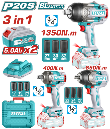 [22297] COMBO INALAMBRICO 20V PISTOLA IMPACTO 3/4 1350NM  + PISTOLA IMPACTO 1/2 850NM  + PISTOLA IMPACTO 1/2 400NM INCLUYE 2 BATERIAS 5.0AH + CARGADOR + ACCESORIOS INDSUTRIAL TOTAL (UTOSLI250386)