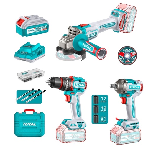 [22091] COMBO INALAMBRICO 20V TALADRO 1/2"  66NM + PULIDORA 4 1/2"  1000W + PISTOLA IMPACTO  1/2 400NM INCLUYE 2 BATERIA 20V(4.0AH),CARGADOR , 10 DISCOS DE CORTE Y ACCESORIOS INDUSTRIAL TOTAL (UTOSLI241291)