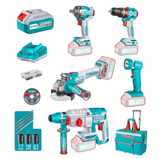 [22140] COMBO INALAMBRICO 20V TALADRO PERCUTOR ATORNILLADOR 1/2 66NM + PISTOLA IMPACTO 1/2 20V 400NM + TALADRO ROTOMARTILLO 1" 2.5JULES + PULIDORA 4 1/2 + LAMPARA DE TRABAJO 270LM INCLUYE 2 BATERIAS 4.0 AH , CARGADOR Y ACCESORIOS INDUSTRIAL SUPER TOTAL (UTCKLI20592)