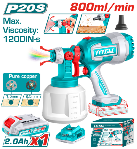 [22013] PISTOLA PINTAR INALAMBRICA 800ML 20V INCLUYE BATERIA 20V, CARGADOR, AGUJA DE LIMPIEZA Y DOS BOQUILLAS, TOTAL (UTSGLI20042)
