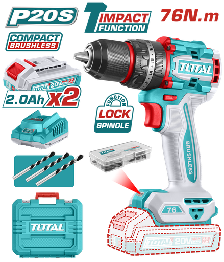 [21981] TALADRO INALAMBRICO  PERCUTOR 1/2 20V 76 N.M INCLUYE 2 BATERIA DE 2.0AH, CARGADOR,47 ACCESORIOS,3 BROCAS CONCRETO INDUSTRIAL SUPER TOTAL (UTIDLI20768)