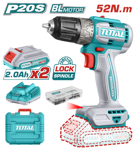 [20550] TALADRO INALAMBRICO 1/32 3/8" 20V 52NM INCLUYE 2 BATERIA DE 2.0AH, CARGADOR,47 ACCESORIOS TOTAL (UTDLI20453)