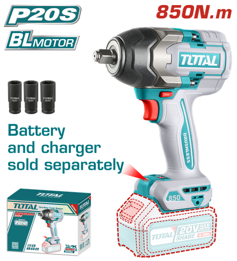 [20955] PISTOLA IMPACTO INALAMBRICO 1/2 20 V 850 BATERIA CARGADOR SE VENDE POR SEPARADO SUPER TOTAL (TIWLI20851)
