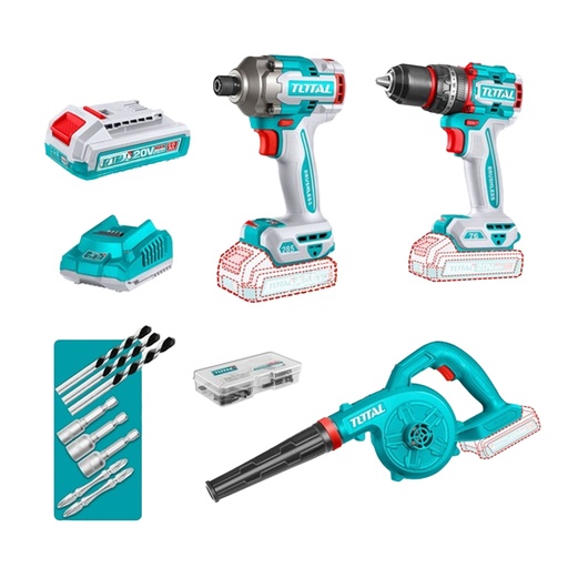 [22487] COMBO INALAMBRICO  20 V ATORNILLADOR IMPACTO 1/4" 285NM + TALADRO PERCUTOR 1/2" 76NM + SOPLADORA INCLUYE 2 BATERIAS 2.0AH, CARGADOR Y ACCESORIOS INDUSTRIAL TOTAL (UTOSLI250182)