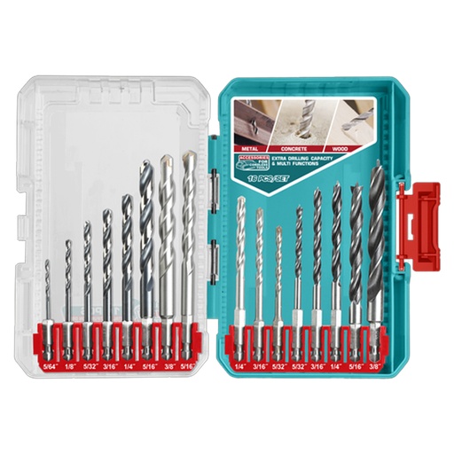 [22363] JUEGO DE BROCAS X 16 PZS PARA MURO, MADERA Y LAMINA CON VASTAGO EXAGONAL  INDUSTRIAL TOTAL (UTACSDL11608)