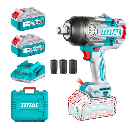 [22426] PISTOLA IMPACTO INALAMBRICA 3/4 20V 1750 NM INCLUYE 2 BATERIAS (8.0AH)  1 CARGADOR Y 3 COPAS 30,32,34 MM INDUSTRIAL TOTAL (UTIWLI20175)