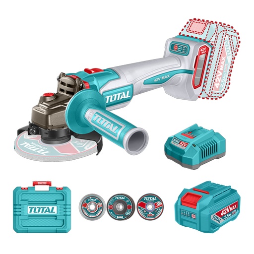 [22501] PULIDORA INALAMBRICA 4 1/2 INDUSTRIAL 42V 1280W INCLUYE DISCOS  2 BATERIAS 2.0 AH Y CARGADOR , MOTOR SIN ESCOBILLAS  INDUSTRIAL SUPER TOTAL (UTAGLI4128112)
