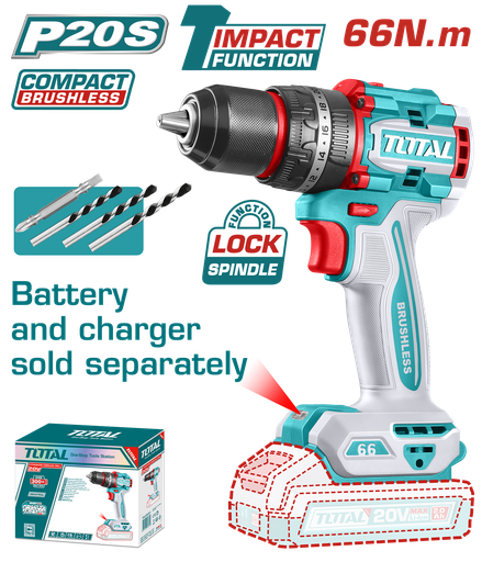 [21244] TALADRO PERCUTORATORNILLADOR INALAMBRICO 1/2 20V 66 NM BATERIA Y CARGADOR SE VENDE POR SEPARADO INCLUYE 4 ACESORIOSINDUSTRIAL SUPER TOTAL