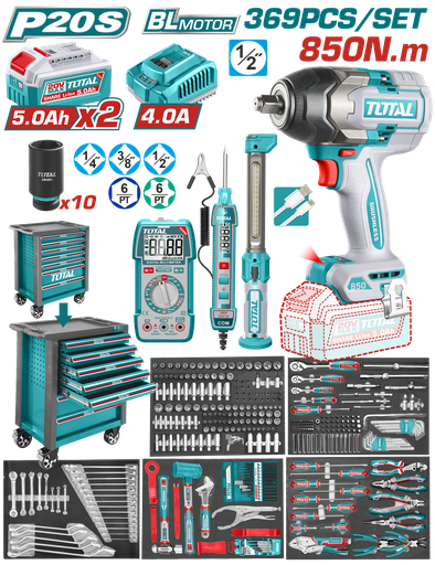 [22533] PISTOLA IMPACTO INALAMBRICA  1/2"  850 NM + 2 BATERIAS 5.0AH + CARGADOR + CAJA DE HERRAMIENTAS CON  365 ACCESORIOS  INDUSTRIAL SYPER TOTAL (UTHPTCS83692)