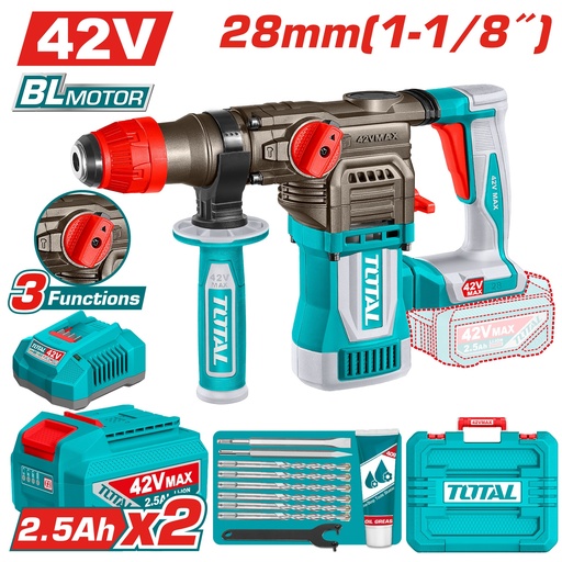 [22555] TALADRO ROTOMARTILLO 1-1/8" SDS PLUS 42V 4.5 JULES INCLYE  2 BATERIAS 2.5 AH, 1 CARGADOR  Y ACCESORIOS INDUSTRIAL SUPER TOTAL (UTRHLI422882)